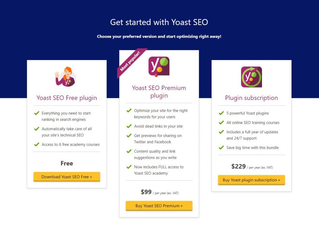 Bảng giá Yoast SEO Premium trên website chính thức.